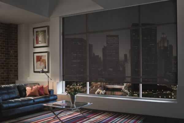 IMAGE OF LIVING ROOM AT NIGHT WITH SHADES DRAWN