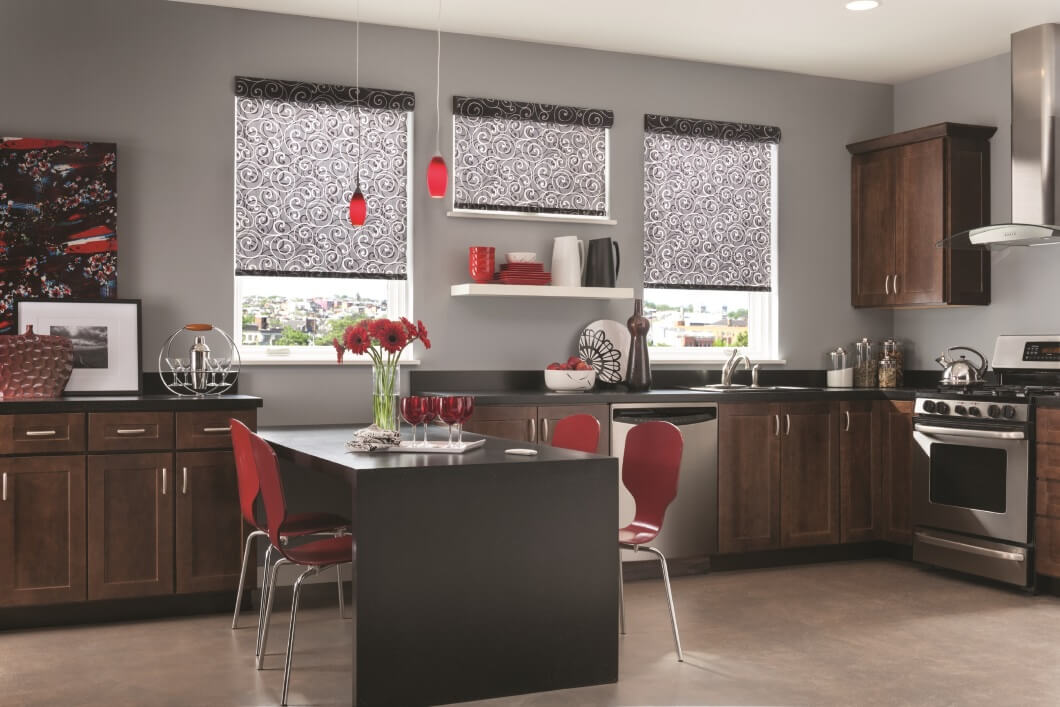 Roller Shades 3 Window Blinds Oregon Treatments Image Of Kitchen With Red Chairs Gray Roller Shades